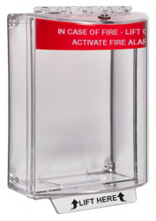 STI-13120FR Universal Stopper, red shell, clear surface, Sounder, Fire label, IP54  