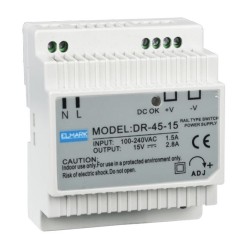 DR-45-15 pulse power supply, 15V 2.8A, mounted on DIN rail, ACO  