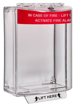 STI-13120FR Universal Stopper, red shell, clear surface, Sounder, Fire label, IP54 