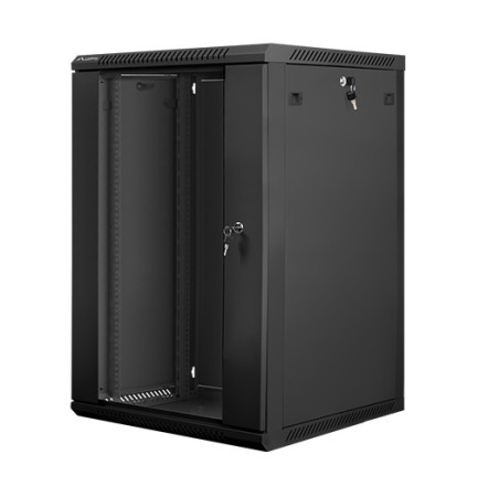 18U Wall Mount Cabinet, 600x600, 19", BLACK, Glass Door 