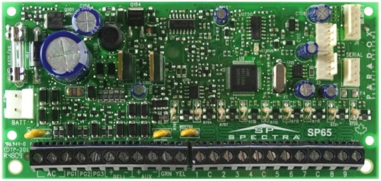 SP65 control panel, 9 zones, 18 with ATZ, 3 PGM, without communicator, expandable to 32 zones. 